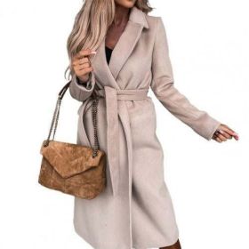 Autumn Winter Long Trench Women Belt Oversize Coat Solid Color (Color: Blue, size: 2XL)
