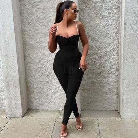 Summer Women Clothing Suspender Wrapped Chest Small Sunken Stripe Knitted Casual Set Women (Color: Black, size: L)