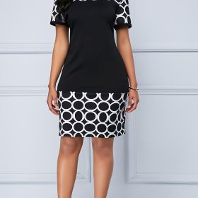 Printed Elegant Pencil Dress; Crew Neck Short Sleeve Casual Dress For Summer & Spring; Women's Clothing (Color: Black, size: XL(12))