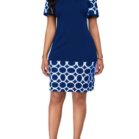 Printed Elegant Pencil Dress; Crew Neck Short Sleeve Casual Dress For Summer & Spring; Women's Clothing (Color: Blue, size: XL(12))